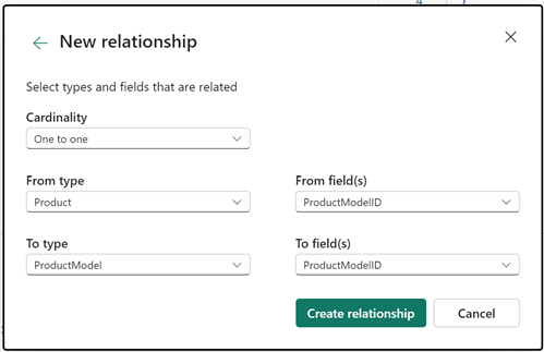 Screenshot of the New relationship screen, showing examples of selections for the five required fields.