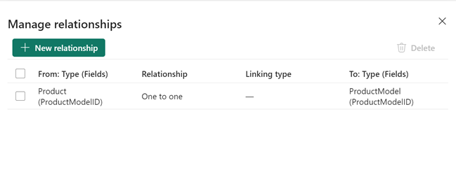 Screenshot of the Manage relationships screen showing the newly created relationship in the list.