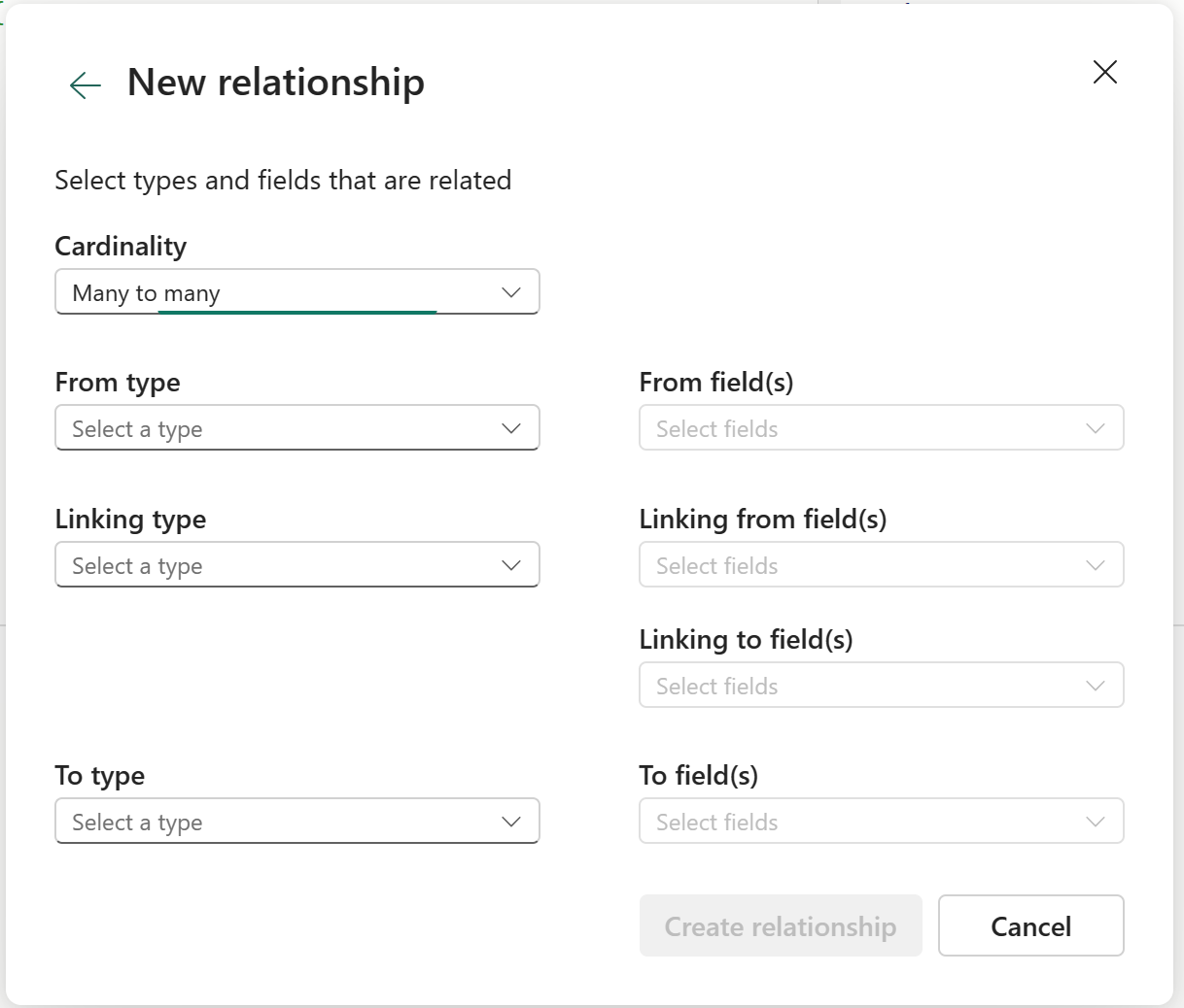 Screenshot of the New relationship dialog for a many-to-many relationship.