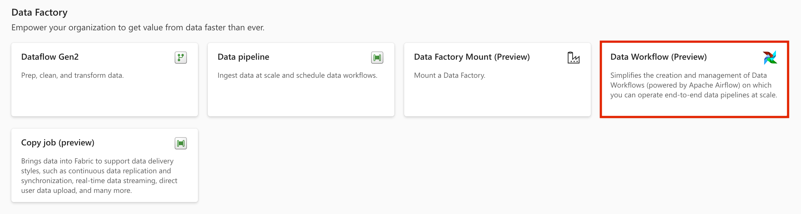 Screenshot to select Data Workflow.