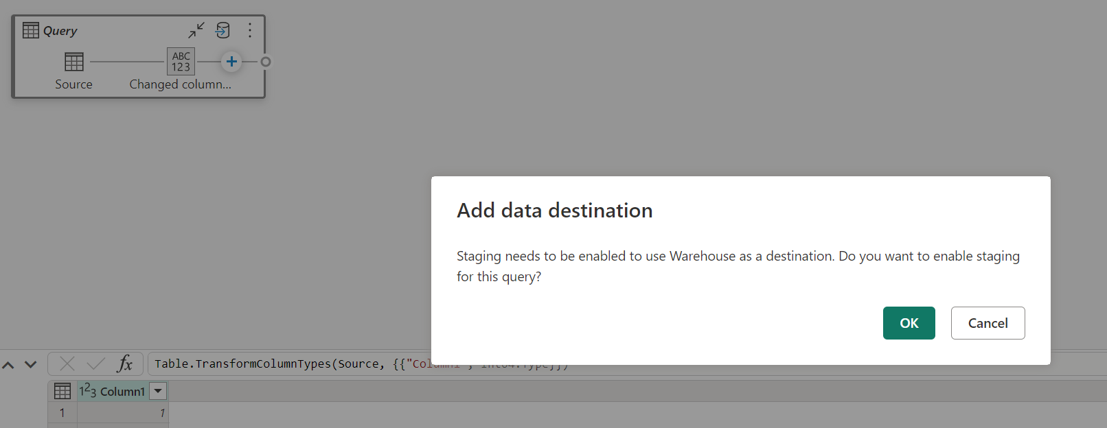 Screenshot of the Add data destination warning.