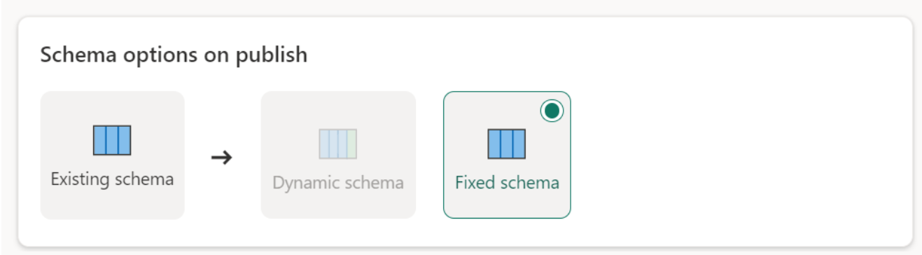 Screenshot of the Schema options on publish option, with Fixed schema selected.