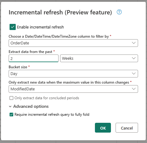 Screenshot of the incremental refresh settings.