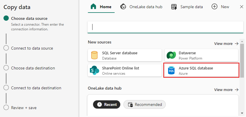 Screenshot showing where to choose your data source in the Copy data screen.