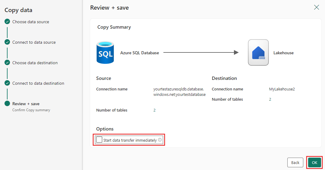 Screenshot showing where to select ok on the Review and create screen.