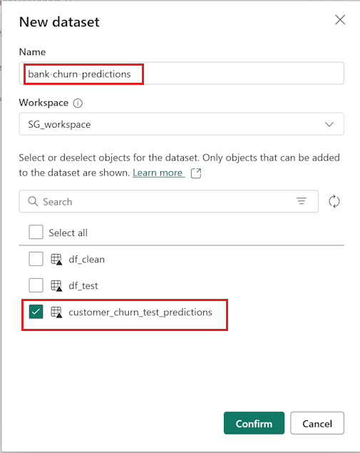 Screenshot of the New semantic model dialog box, showing where to select the correct data and select Continue.