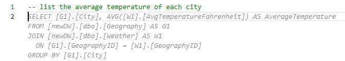 Screenshot from the query editor showing a block of code suggestions based on a comment asking for 'list the average temperature of each city'.