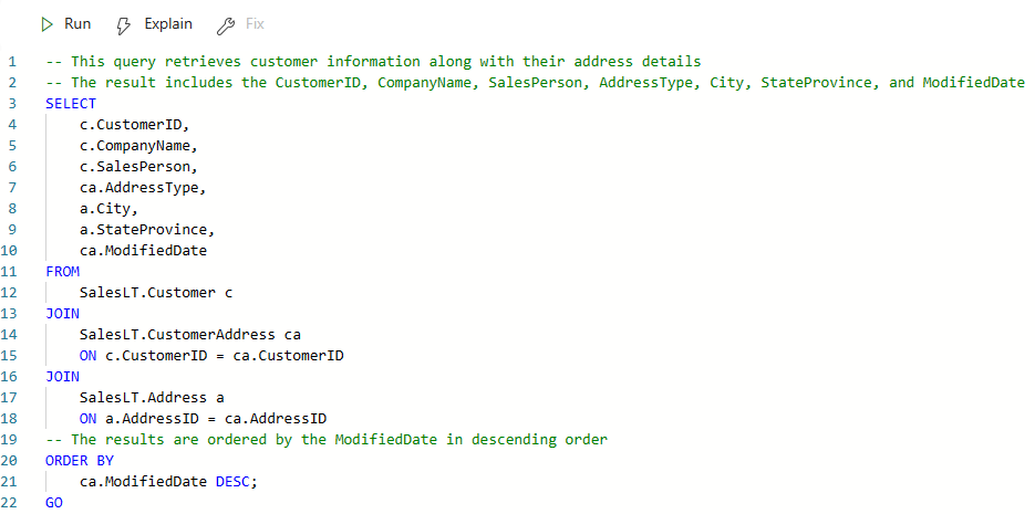 Screenshot from the Fabric portal showing comments added by Copilot in the T-SQL code.