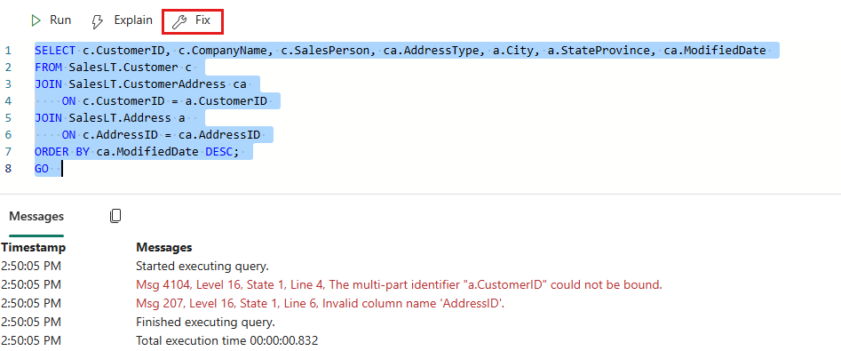 Screenshot from the Fabric portal showing the Fix quick action and a T-SQL query with an error.