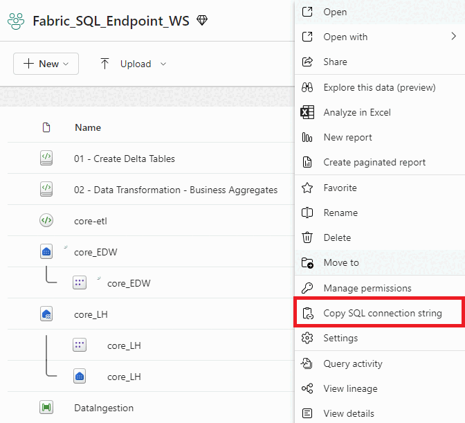 Screenshot from the Fabric portal of the More options context menu. The Copy SQL connection string option is highlighted.