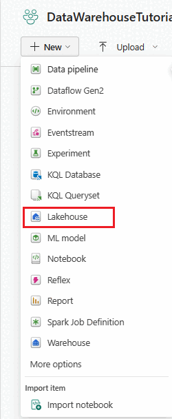 Screenshot from the Fabric portal showing the + New menu. Lakehouse is boxed in red.