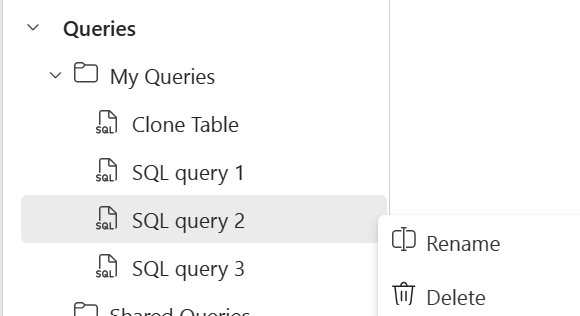 Screenshot of the Explorer pane in the Fabric portal, showing where to right-click on the query and select Rename.