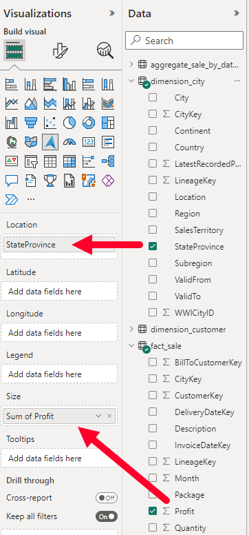 Screenshot of the Data pane next to the Visualization pane, showing where to drag the relevant data.