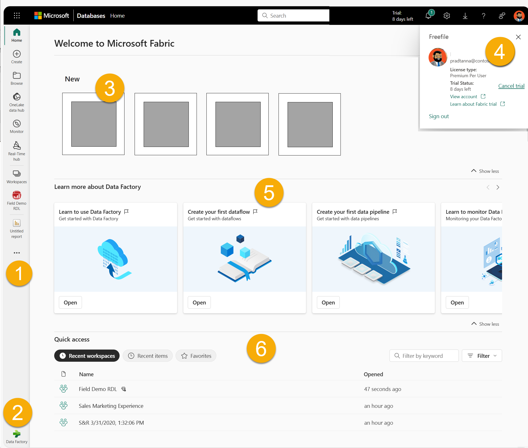 Screenshot of Home with sections of the canvas numbered.