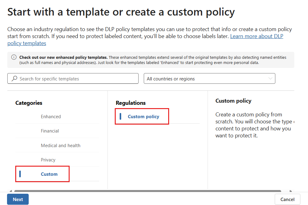 Screenshot of D L P choose custom policy page.