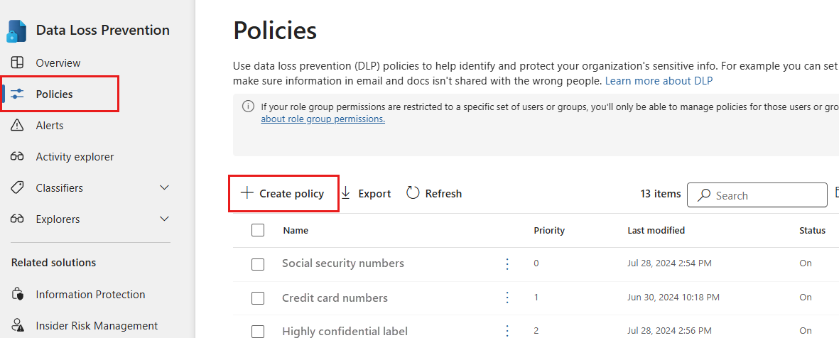 Screenshot of D L P create policy page.