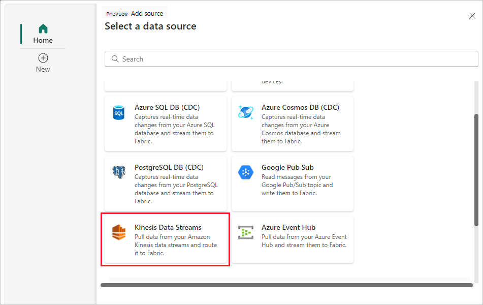 A screenshot of selecting Kinesis Data Streams.