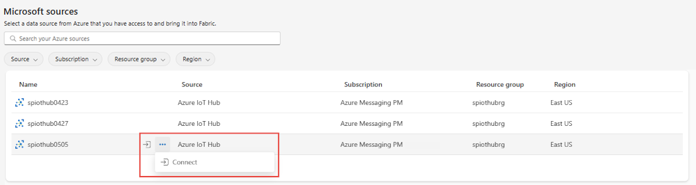 Screenshot that shows the Microsoft sources page with filters to show IoT hubs and the connect button for an IoT hub.