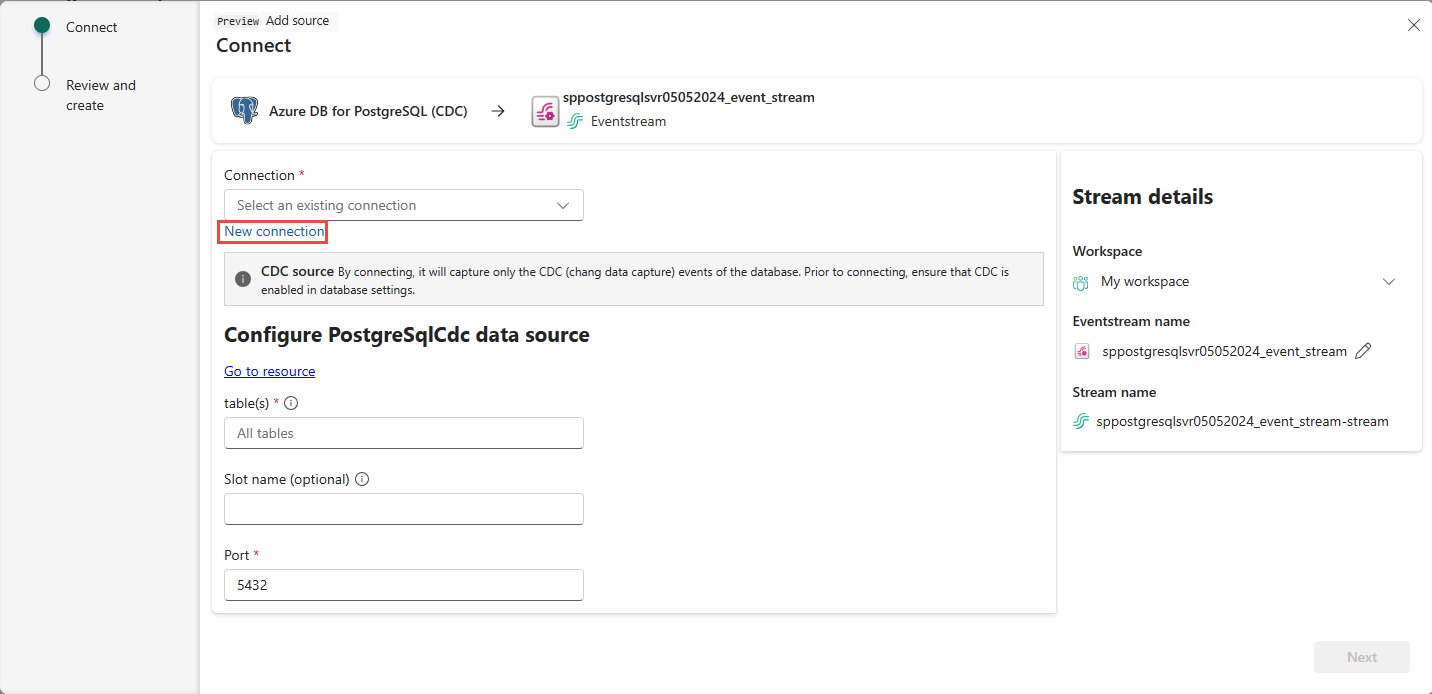 Screenshot that shows the Connect page for an Azure PostgreSQL database with New connection link highlighted.