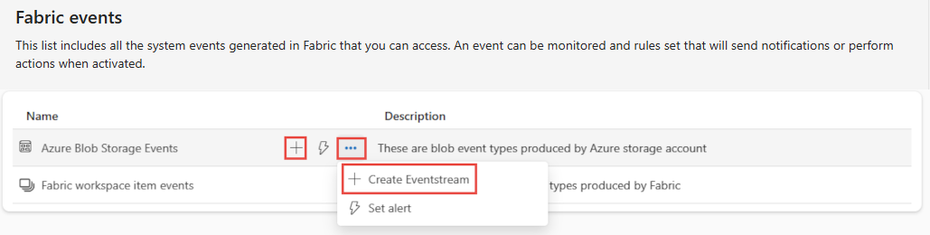 Screenshot that shows the Real-Time hub Fabric events page.