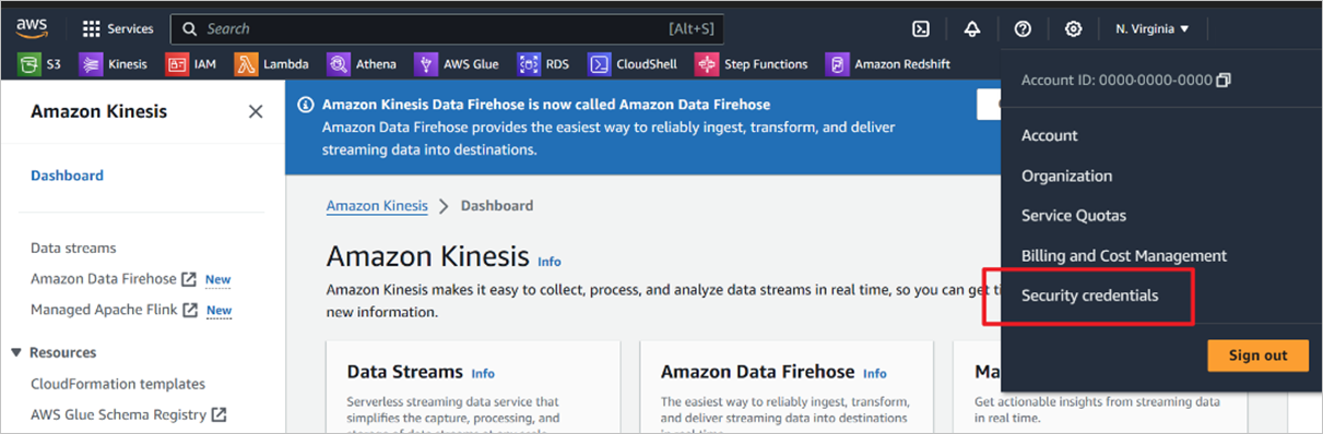 A screenshot of how to access the AWS Kinesis security credentials.