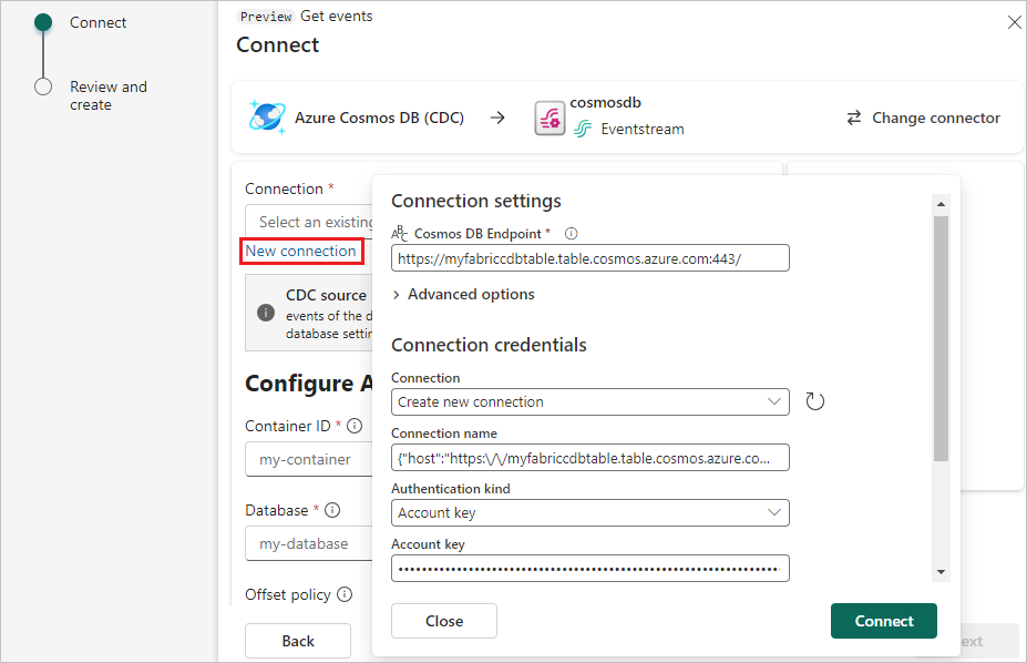 A screenshot of the Connection settings for the Azure Cosmos DB CDC source.