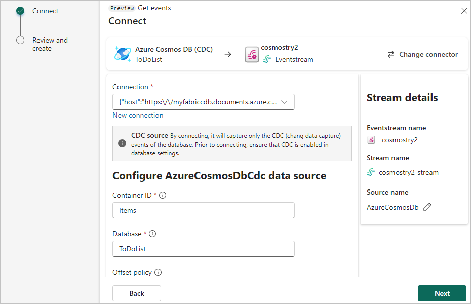 A screenshot of the connection details for the Azure Cosmos DB CDC source.