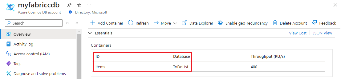 A screenshot of the Containers listing for an Azure Cosmos DB NoSQL API account.