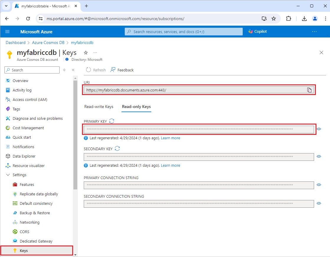 A screenshot of the URI and Primary key on the Azure Cosmos DB Keys page in the Azure portal.