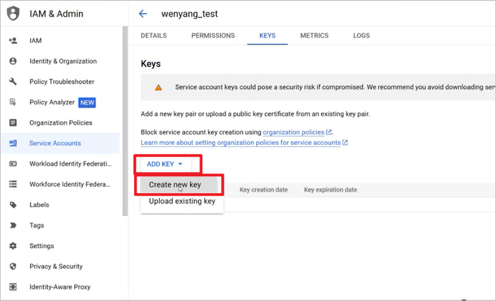 A screenshot of selecting Create new key.