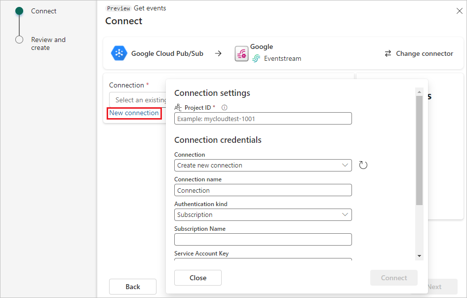 A screenshot of the Connection settings for the Google Cloud Pub/Sub source.