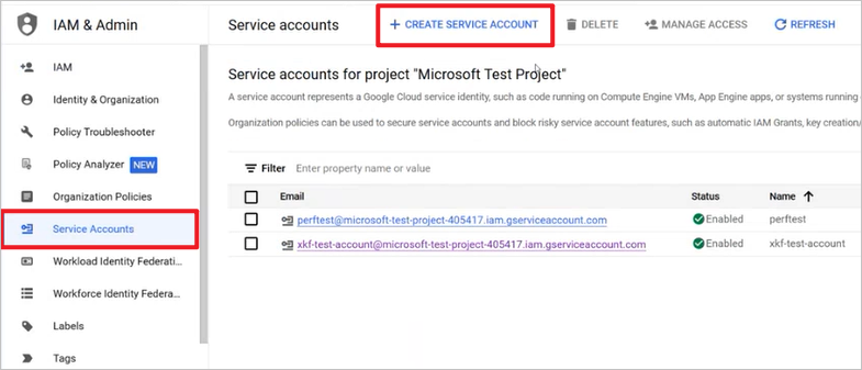 A screenshot of selecting Create service account.