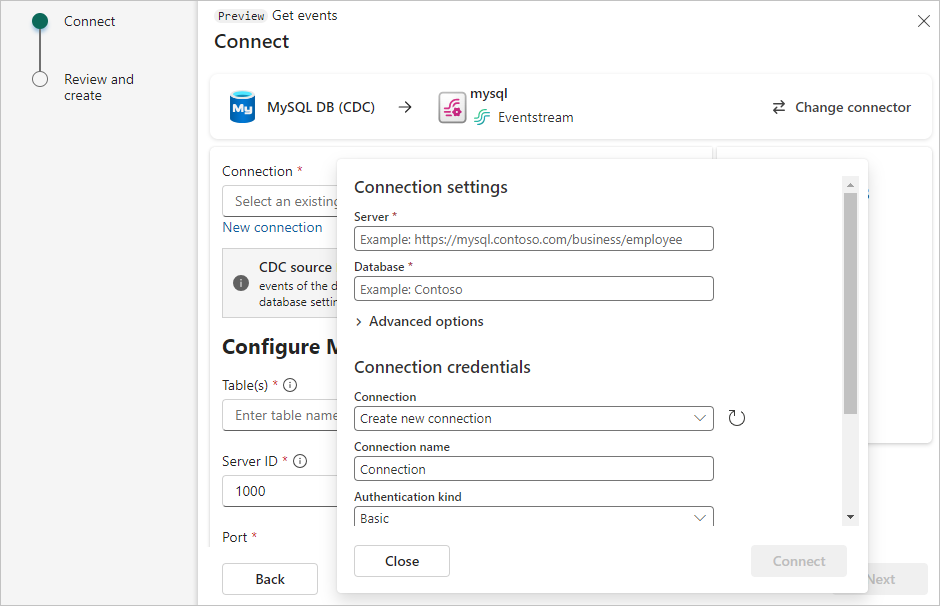 A screenshot of the connection settings for Azure MySQL DB (CDC).