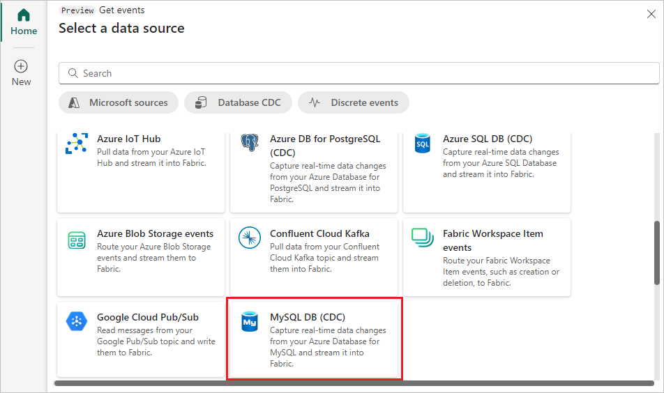 A screenshot of selecting Azure MySQL DB (CDC).