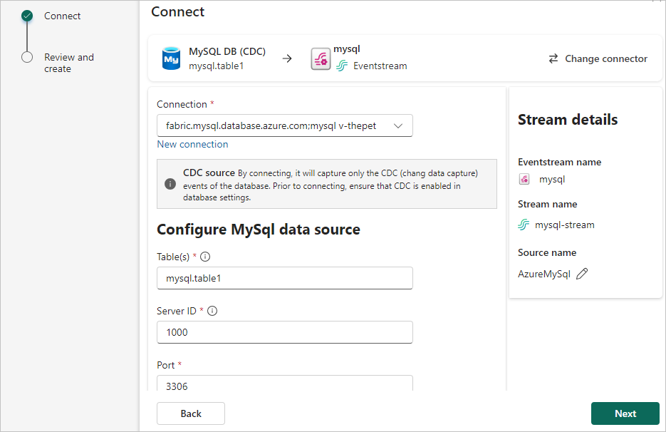 A screenshot of selecting Tables, Server ID, and Port for the Azure MySQL DB (CDC) connection.