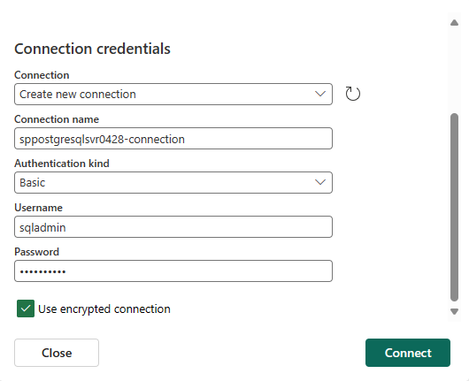 Screenshot that shows the Connection credentials section for the Azure PostgreSQL database connector.