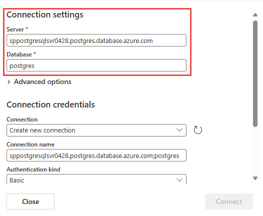 Screenshot that shows the Connection settings section for the Azure PostgreSQL database connector.