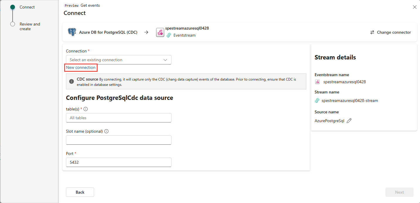 Screenshot that shows the Connect page for an Azure PostgreSQL database with New connection link highlighted.