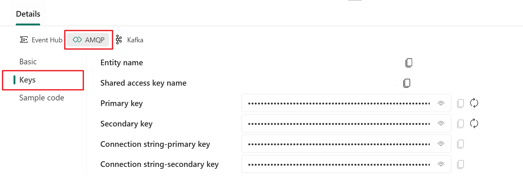 Screenshot that shows AMQP keys on the Details pane of the eventstream live view.