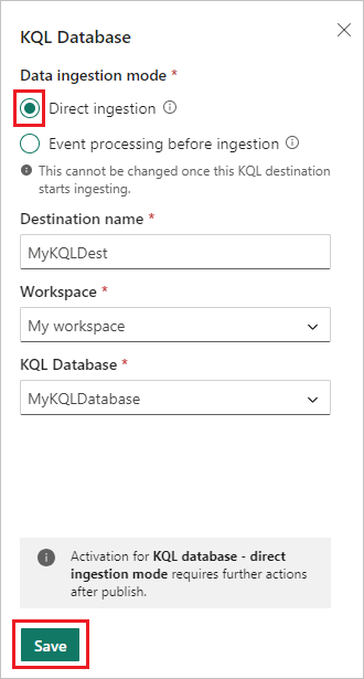 A screenshot of the KQL Database configuration screen.