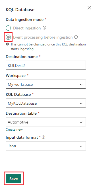 A screenshot of the KQL Database configuration screen for Event processing before ingestion.