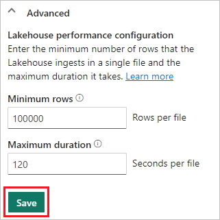 A screenshot of the Advanced section of the Lakehouse configuration screen.