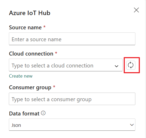 Screenshot that shows where to refresh the cloud connection for Azure IoT Hub.