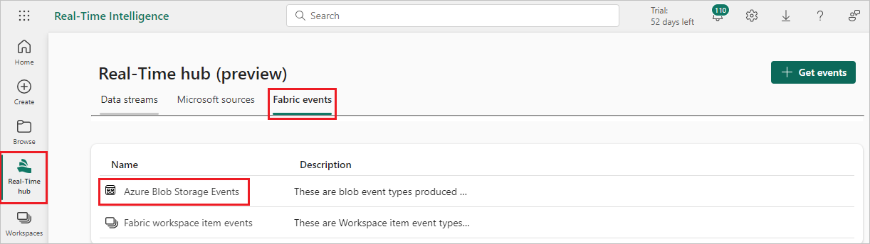 A screenshot of selecting Azure Blob Storage Events under Fabric events in Real-Time hub.