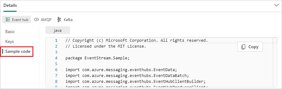 A screenshot showing the Sample code in the Details pane of the eventstream Live view.