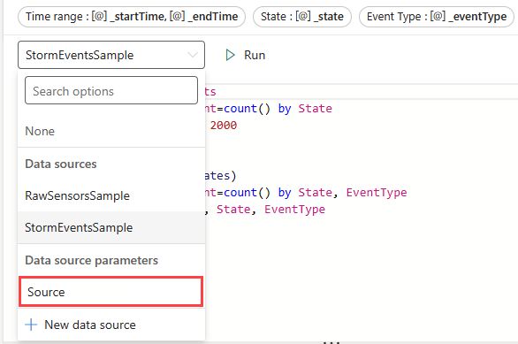 Screenshot of selecting a data source parameter in the query.