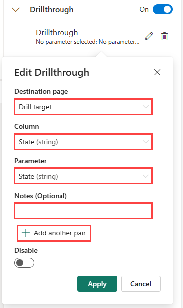Screenshot of drillthrough form, highlighting the fields to fill out.