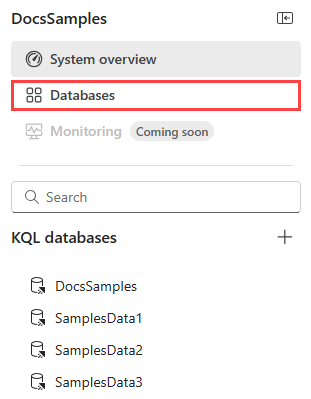 Screenshot of an eventhouse pane with Browse all databases highlighted in a red box.
