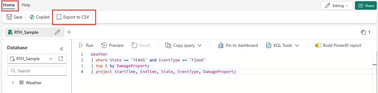 Screenshot of the Home tab of the KQL Queryset showing the highlighted option to export results to CSV.