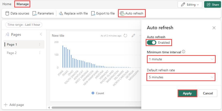Screenshot of auto refresh pane in Real-Time Dashboards.